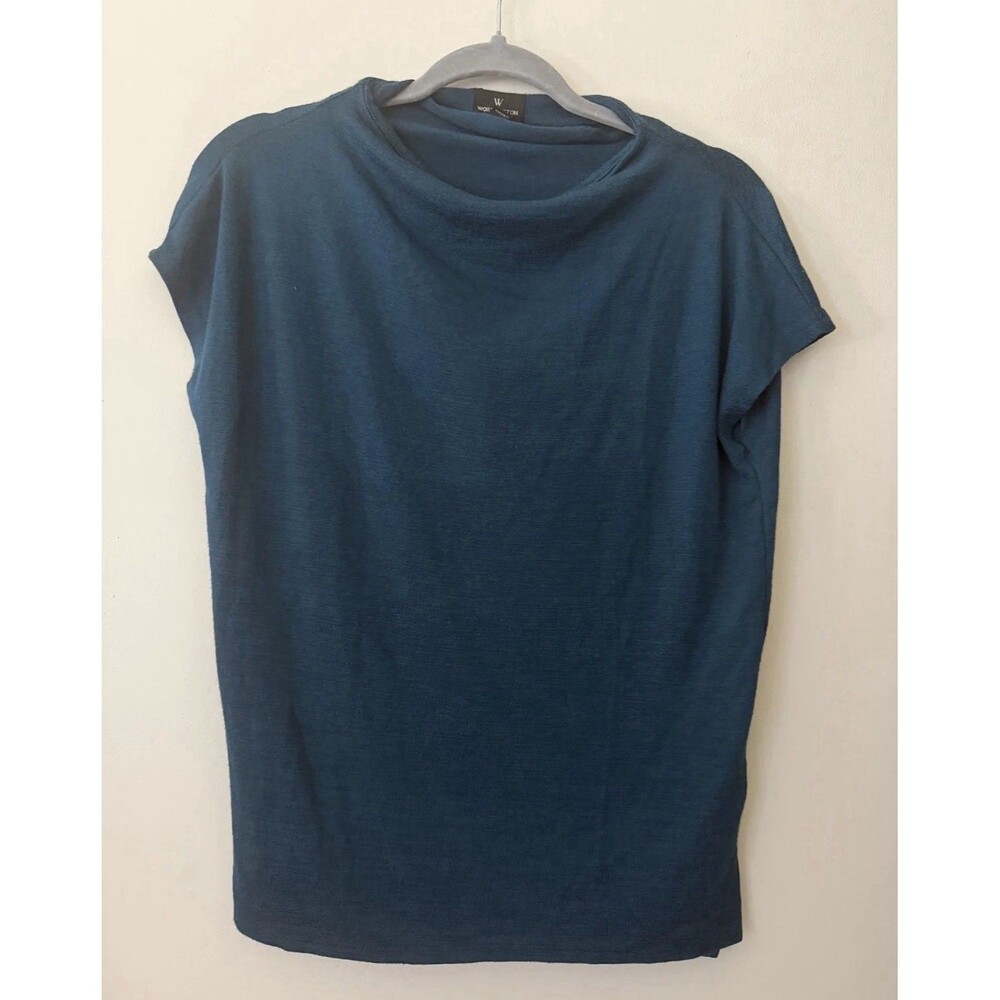 Worthington Women’s Blue Solid Knit Cap Sleeve Crew Neck Pullover T-Shirt